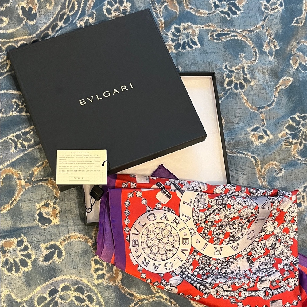 NWT Bvlgari Silk Scarf in Red & Purple